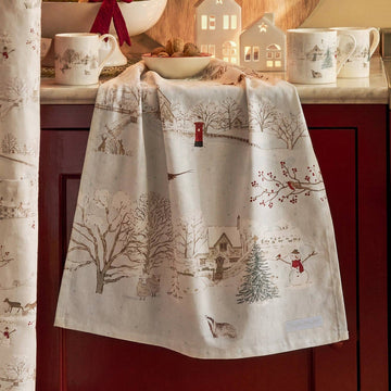 Snowy Village Scene Tea Towel