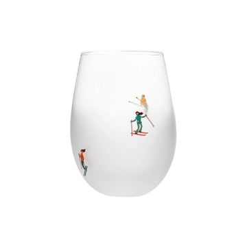Frosted Stemless Wine Glass with Skiers