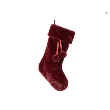 Burgundy Faux Fur Stocking with Pom Poms