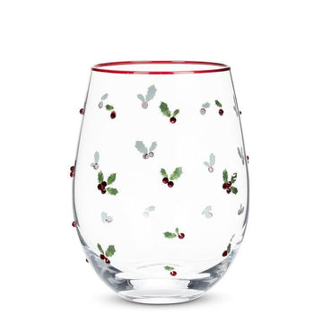 Holly with Berries Stemless Wine Glass