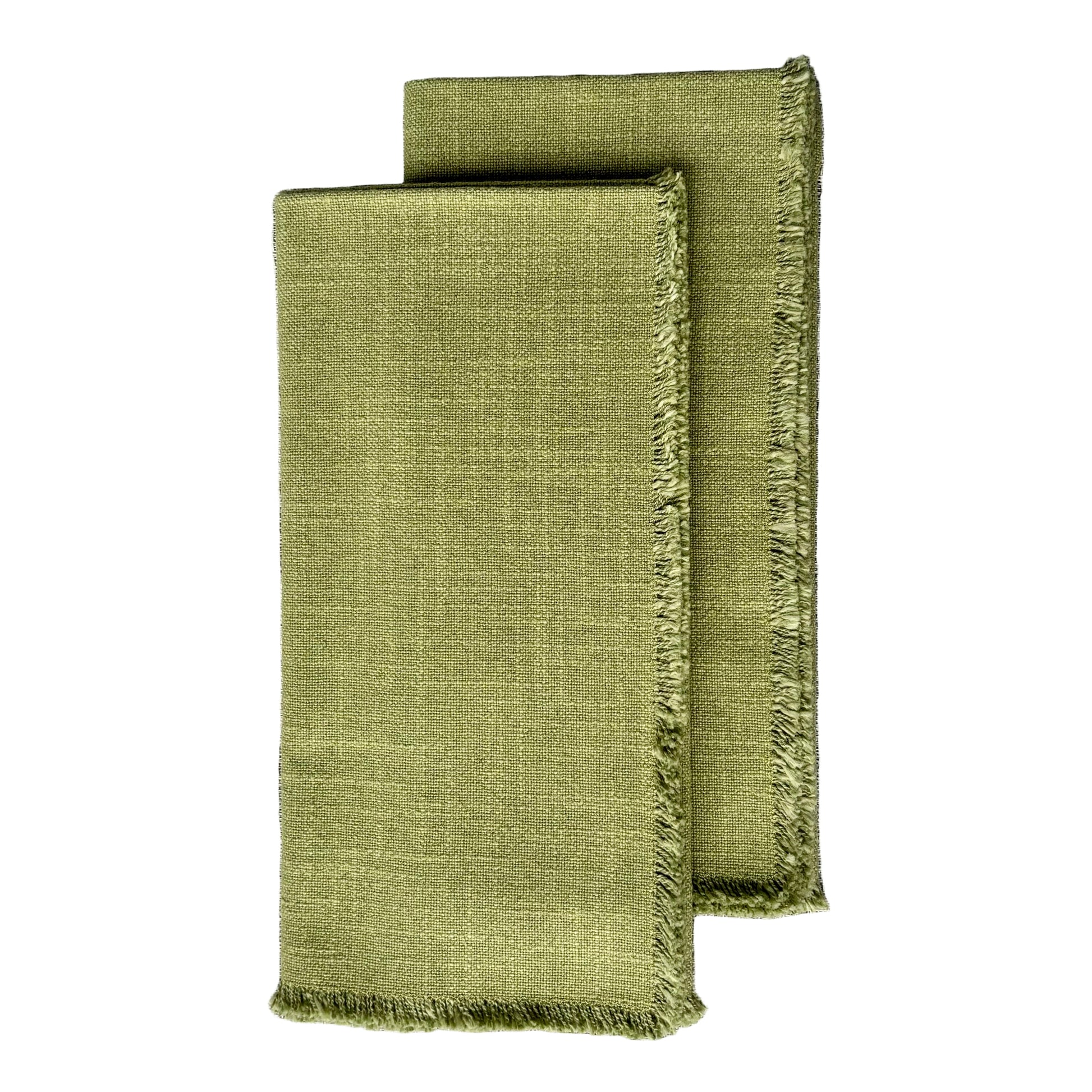 Two green napkins with frayed edges on a gray textured surface
